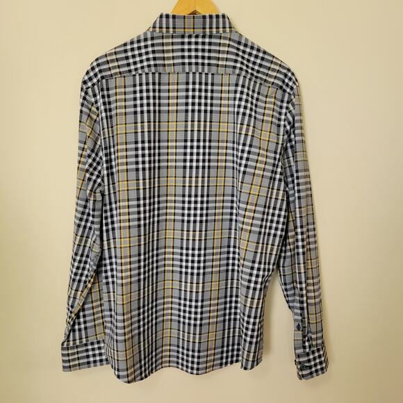 Express Men's L Plaid Button Down Long Sleeve Shirt 2 Button Cuff Blk Wht Yellow - Picture 2 of 16